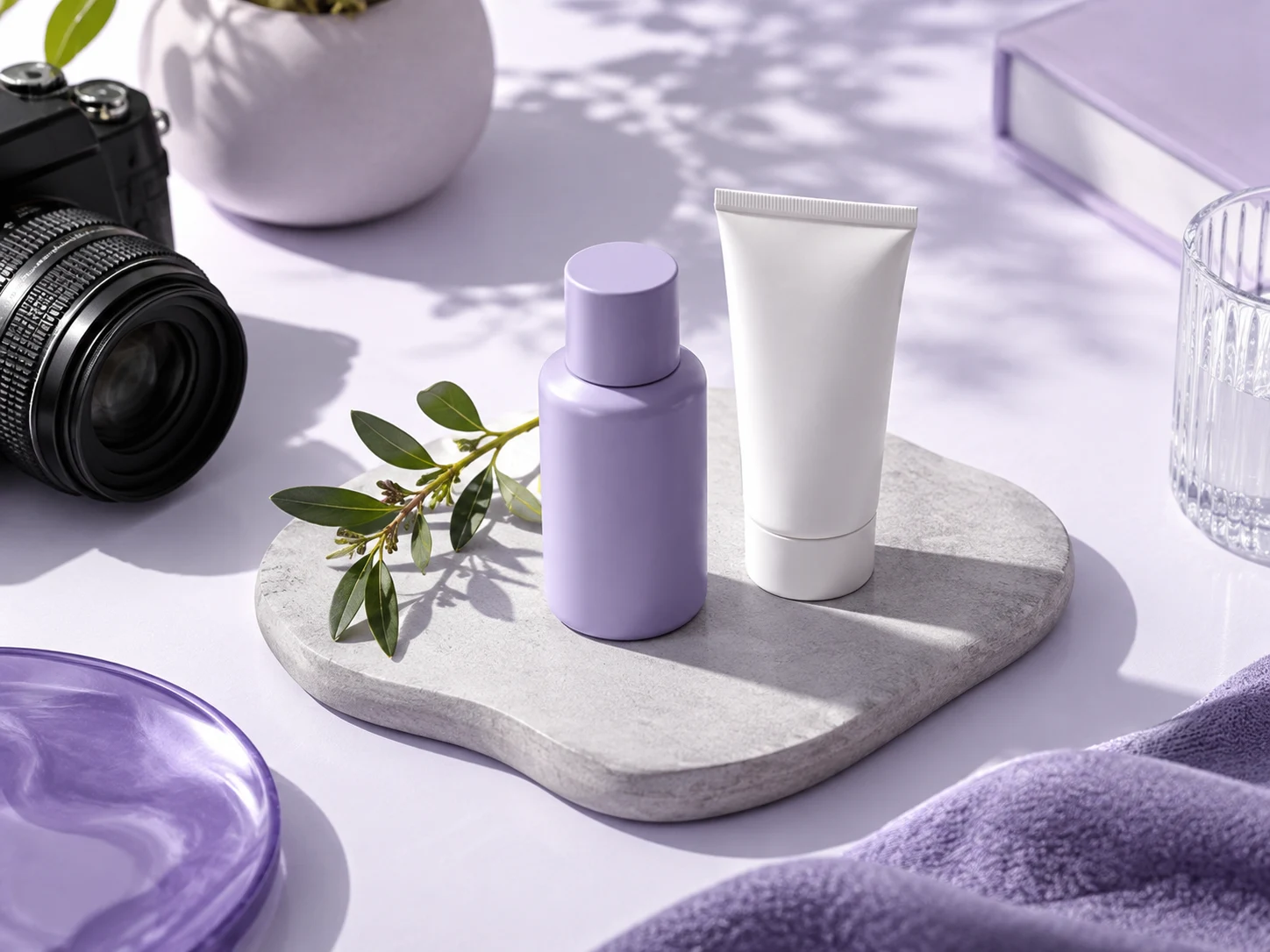 Camera and unbranded skincare products on a creator’s desk